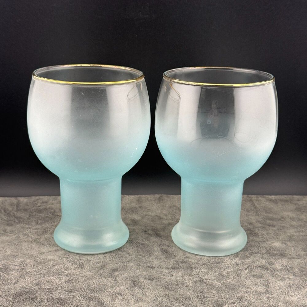 TWO (2) Vintage Federal Glass Company Frosted Blue Tumblers Cups Gold Rim 5.5"H